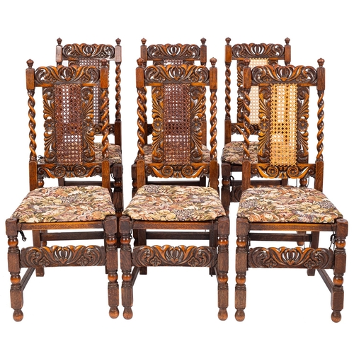 792 - A set of eight oak and caneworked dining chairs,in William & Mary style, early 20th century; includi... 