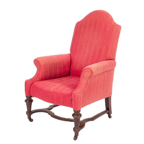 794 - A Victorian upholstered armchair in Queen Anne taste, late 19th century,cerise upholstered, with arc... 