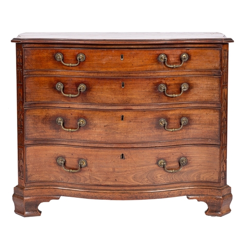 848 - A George III mahogany chest of serpentine outline in the Chippendale manner, the top with a moulded ... 