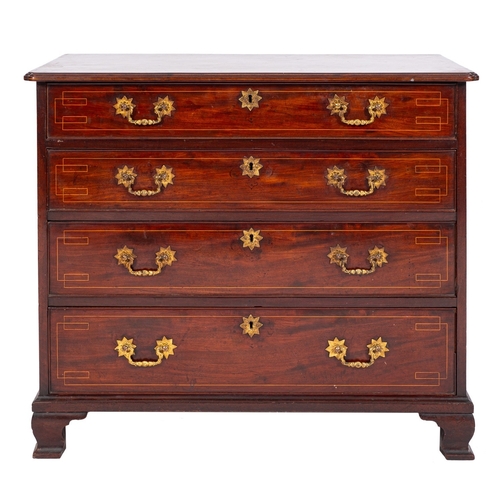 849 - A George III mahogany and inlaid rectangular chest, bordered with boxwood lines, the top with a moul... 