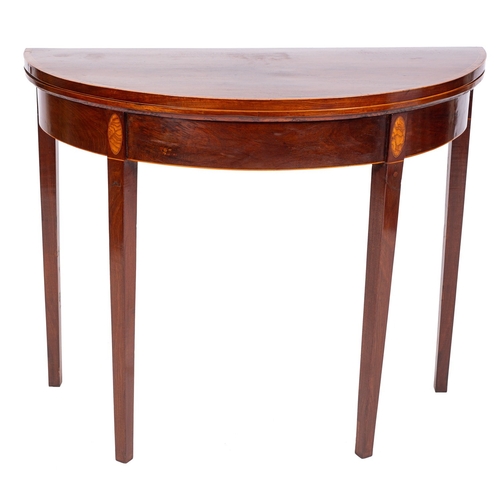 852 - A George III mahogany and inlaid half round card table, bordered with boxwood and ebony lines, havin... 