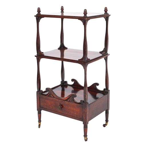 855 - A George III mahogany three tier whatnot, late 18th century; the rectangular shelves topped by acorn... 