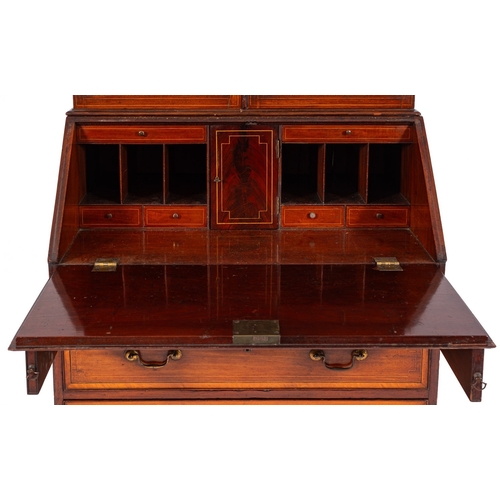 865 - A mahogany, marquetry and glazed bureau bookcase, in George III style, 19th century; with openwork s... 