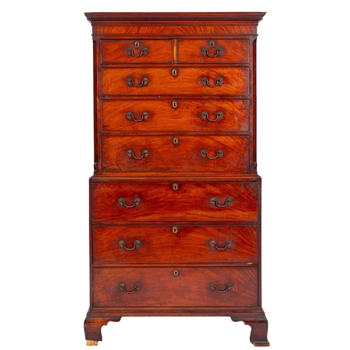 866 - A George III mahogany secretaire chest on chest, circa 1775; the ogee and Greek key moulded cornice ... 