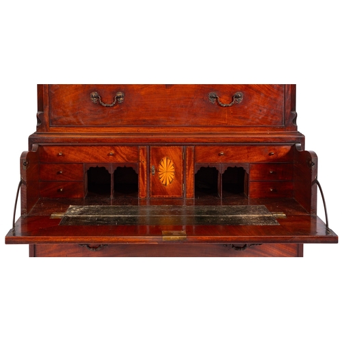 866 - A George III mahogany secretaire chest on chest, circa 1775; the ogee and Greek key moulded cornice ... 