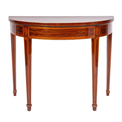 873 - A George III mahogany and satinwood banded demi-lune card table, late 18th century; with hinged top,... 