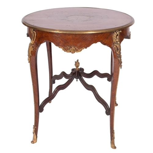 876 - A walnut, marquetry and gilt metal mounted centre table in Louis XV style, circa 1900; the circular ... 