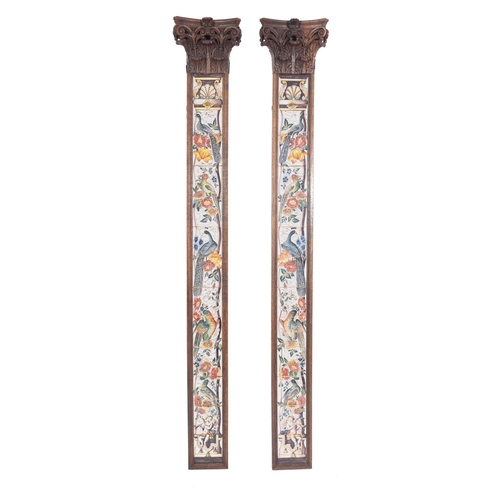 887 - A pair of Delft tile inset carved and stained hardwood pilasters, elements 18th century and later; e... 