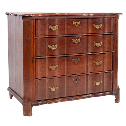 888 - A late 18th Century Dutch Colonial padoukwood block front chest, with an overhanging serpentine top ... 