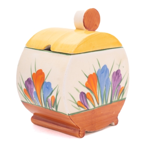 89 - A Clarice Cliff Bizarre Bon Jour preserve pot and cover decorated in the 'Autumn Crocus' pattern, pr... 