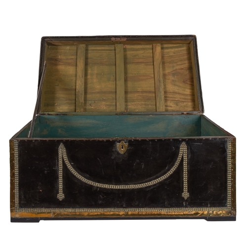 896 - A Regency period brass bound black leather trunk inscribed 'P Bingham',  with studded decoration, br... 