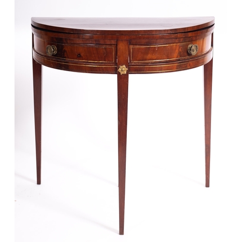 901 - A Regency style mahogany and brass strung demi-lune folding card table, 19th century; with later bai... 