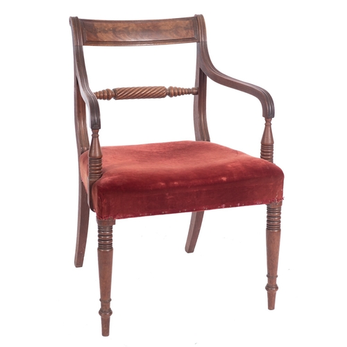 905 - A Regency mahogany elbow chair, the back with reeded curved bar top rail and turned and spirally ree... 