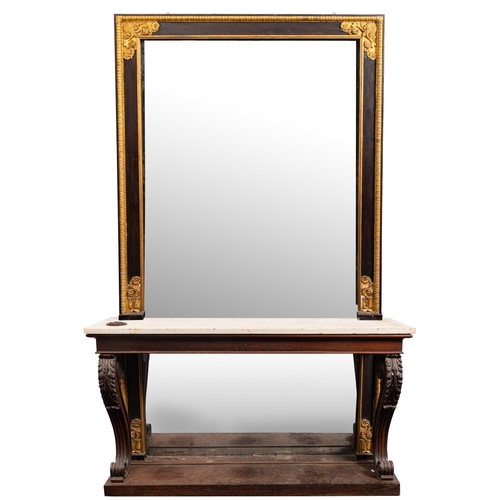 907 - A fine Regency rosewood ebonised and parcel gilt console table with mirror, circa 1815; the rectangu... 