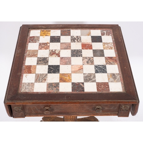 908 - A Regency oak and marble drop flap games table, the hinged top with inset white and coloured marble ... 