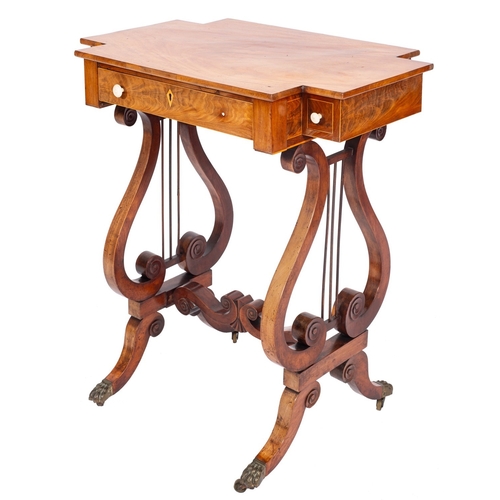 922 - A Regency mahogany work table, early 19th century; with cruciform top; the three drawers at the fron... 