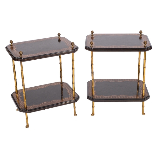 924 - A pair of ebonised and parcel gilt wood and brass mounted stands, in Regency style, modern; each wit... 