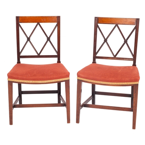 927 - A pair of Regency mahogany and crossbanded side chairs, early 19th century; the latticed backrests w... 