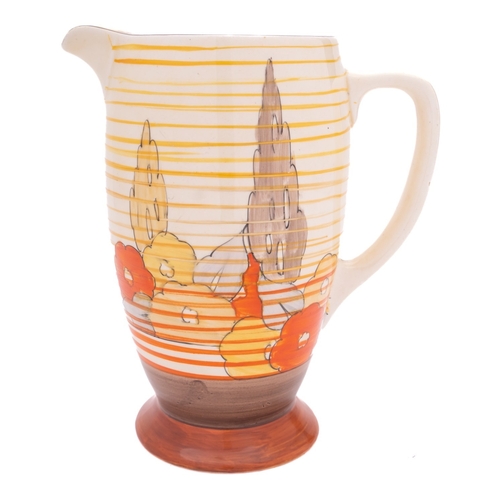 93 - A Clarice Cliff Coronet jug decorated in the 'Capri' pattern, circa 1933, printed marks, 16cm [footr... 