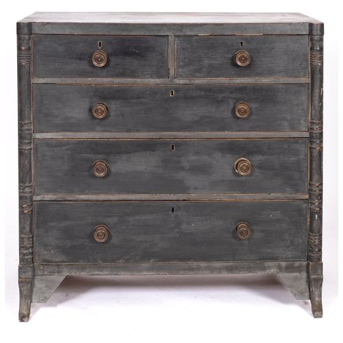 932 - A Regency and later painted mahogany chest of drawers, early 19th century; the two short and three g... 