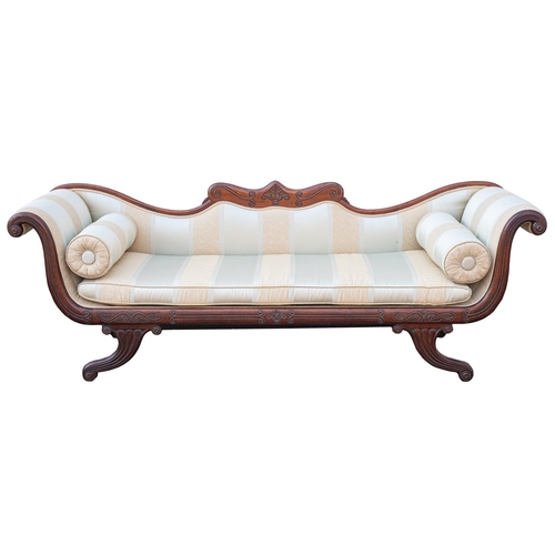 933 - A Regency mahogany and upholstered sofa, circa 1815; with striped satin coverings throughout; the ba... 