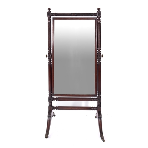 938 - A Regency mahogany cheval mirror, early 19th century; with angle adjustable rectangular plate; the f... 