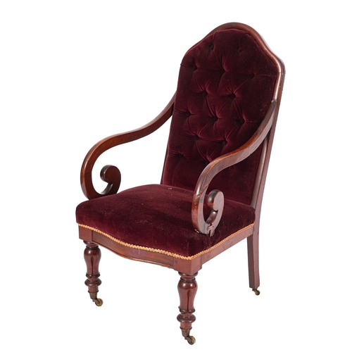 942 - A Regency mahogany button-back upholstered open elbow chair, circa 1815, with arched back and scroll... 