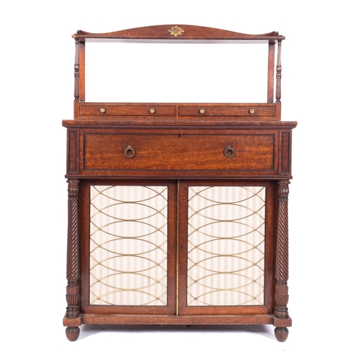 950 - A Regency mahogany and inlaid secretaire chiffonier, with ebonised moulding and lines, the shelved s... 