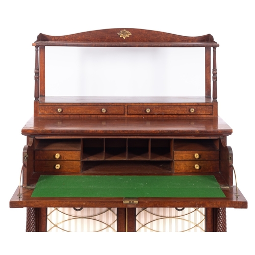 950 - A Regency mahogany and inlaid secretaire chiffonier, with ebonised moulding and lines, the shelved s... 