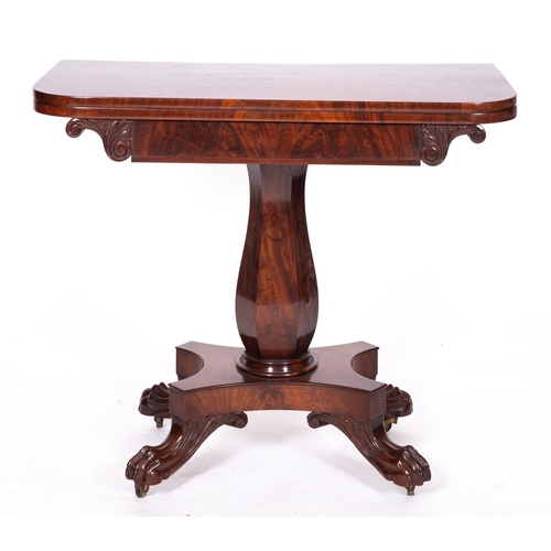 957 - A William IV mahogany folding card table, circa 1835; the D-shaped top with baize lined interior; ab... 