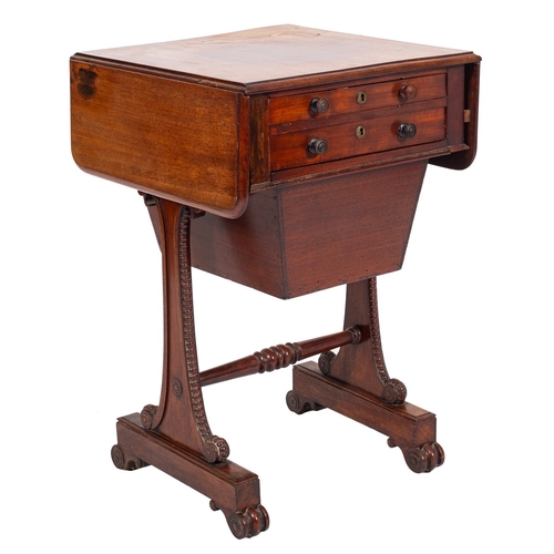 958 - A William IV mahogany drop flap work table, the hinged top with rounded corners and a moulded edge, ... 