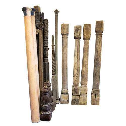 966 - A collection of carved wood columns, previously architectural and bedposts, 18th and 19th century; i... 