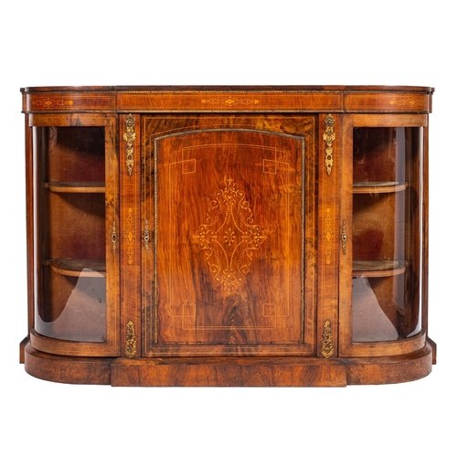 974 - A Victorian walnut, inlaid and gilt metal mounted credenza, of D-shaped breakfront outline, bordered... 