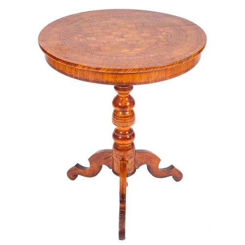 975 - A Victorian walnut veneer, elm and stained beech circular chess top table, the inlaid chessboard top... 