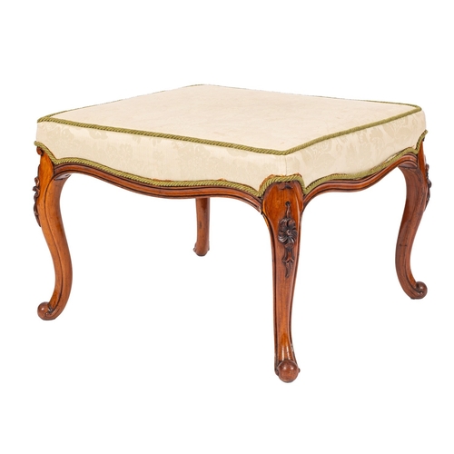 985 - A Victorian carved rosewood square stool, with an upholstered stuff over seat in pastel green damask... 