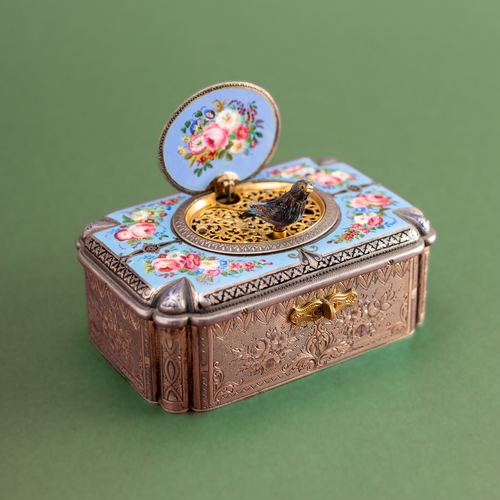 269 - A Swiss gilt white metal and enamel cased singing bird automaton music box, by Charles Bruguier (178... 