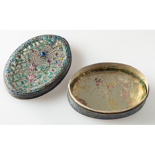 328 - A Chinese white metal and cloisonné oval box and cover the pierced cover in the form of a spider's w... 