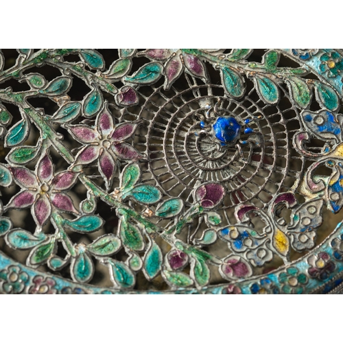 328 - A Chinese white metal and cloisonné oval box and cover the pierced cover in the form of a spider's w... 