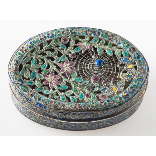 328 - A Chinese white metal and cloisonné oval box and cover the pierced cover in the form of a spider's w... 