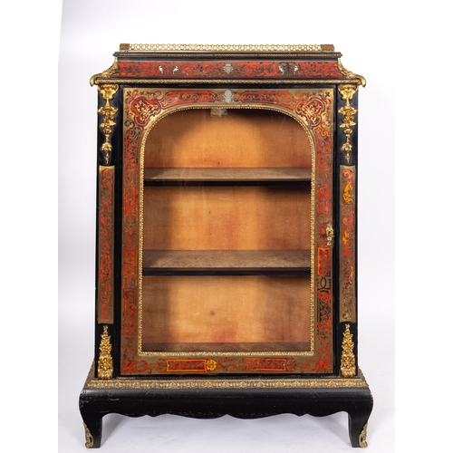 820 - A boullework, ebonised wood and glazed pier cabinet., late 19th century; the three quarter galleried... 