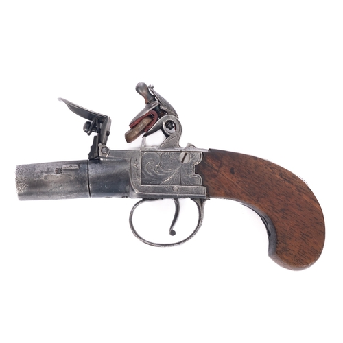 108 - An early 19th century boxlock flintlock pistol, unsigned, the short 1 3/4 inch turn off barrel with ... 