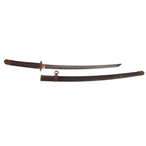 126 - A Japanese katana. the single edge blade with brass habaki over gilt  brass tsuba and cird bound gri... 