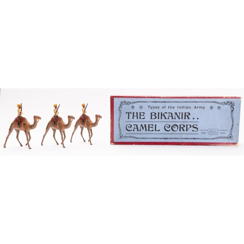 1288 - Britains toy soldiers, set 48, The Bikanir Camel Corps, 3 mounted figures, printers type box