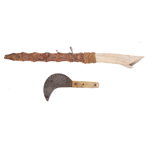 132 - A small horn handled knife with  curved blade, 18cm long, together with a quartz or stone bladed bon... 