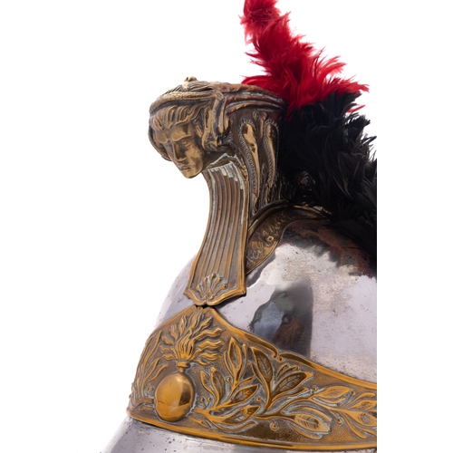 249 - A French 1874 pattern Dragon Trooper's helmet the brass comb with female mask decoration , black hor... 