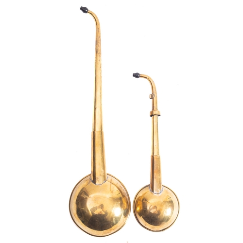 26 - Two 19th century brass ear trumpets, both with turned ebony ear pieces, 46cm & 31cm long (2)