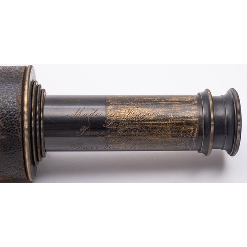 49 - A  black leather cased lacquered brass four draw telescope, inscribed, 'Made in France for James Mur... 