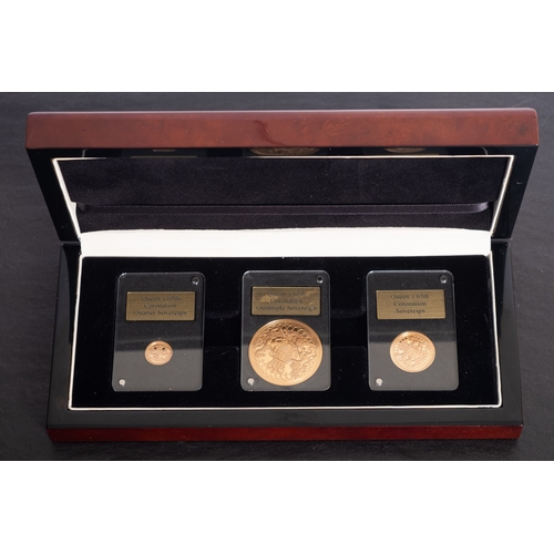 695 - A cased Queens 65th Coronation 22ct Proof set , 2018, comprising £5, sovereign and half sovereign.