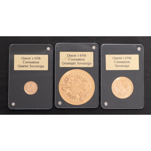 695 - A cased Queens 65th Coronation 22ct Proof set , 2018, comprising £5, sovereign and half sovereign.