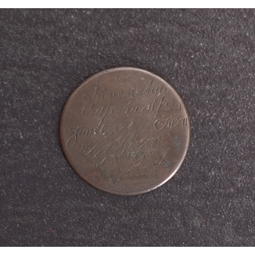 709 - An 18th century engraved halfpenny love token (possibly Transportation) date 1779, for 'Joan and Mar... 